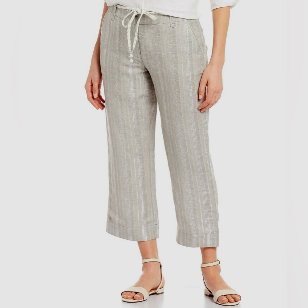 Tommy Bahama Women's Cropped Drawstring Linen-Blend Pants in Light Gray Stripe